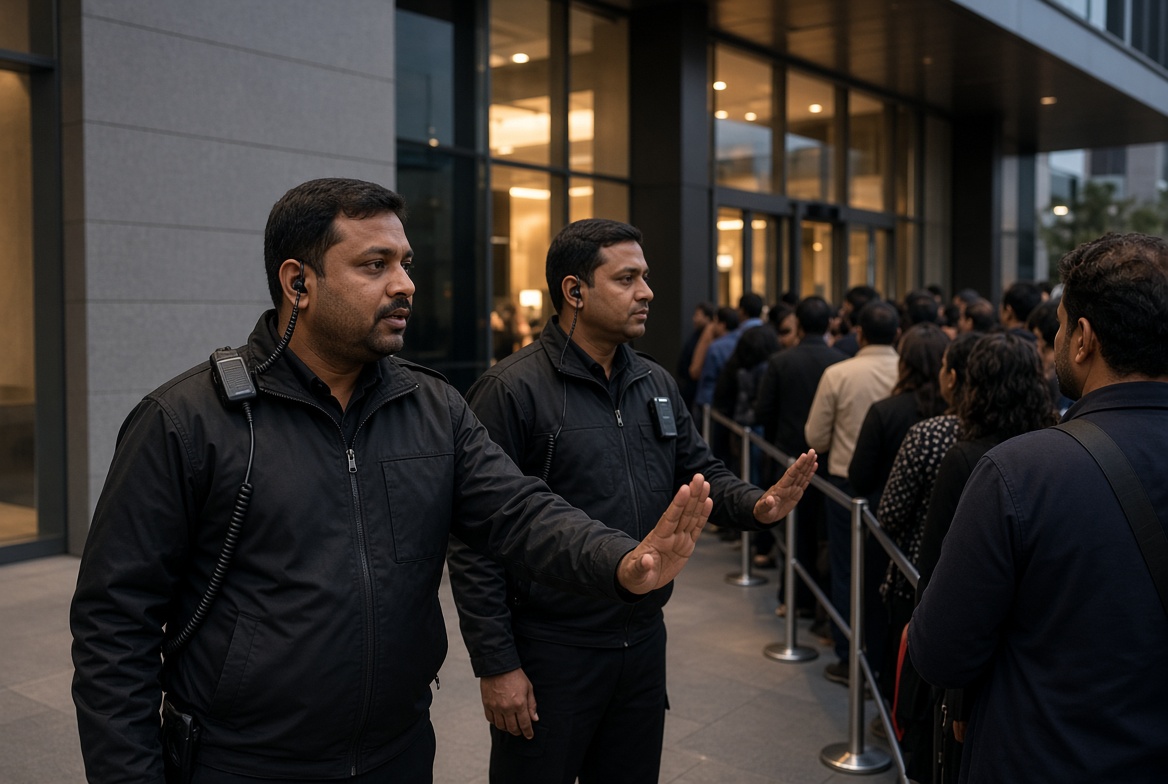 A well-dressed security officer standing calmly in a modern office lobby