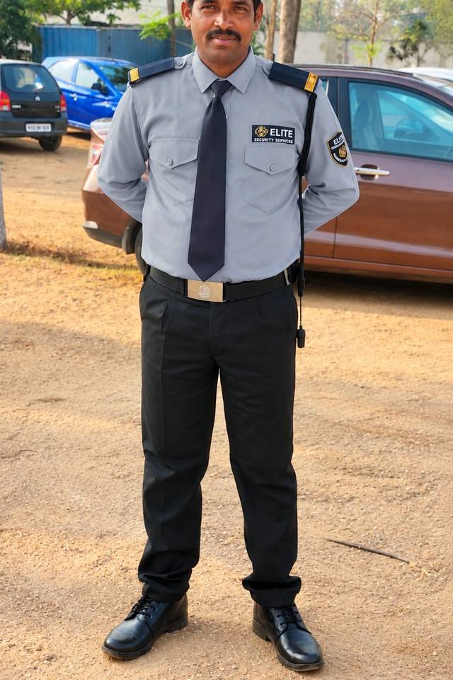 An Elite Security Service guard in full uniform with a full view of his face