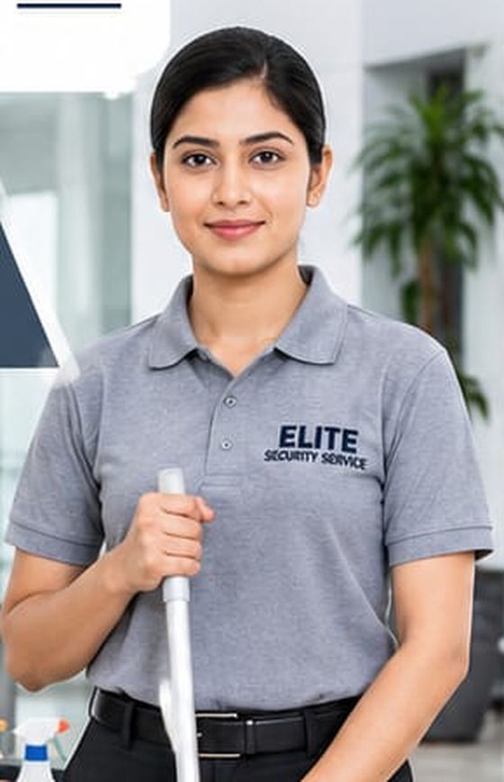 Housekeeping staff member mopping a lobby floor