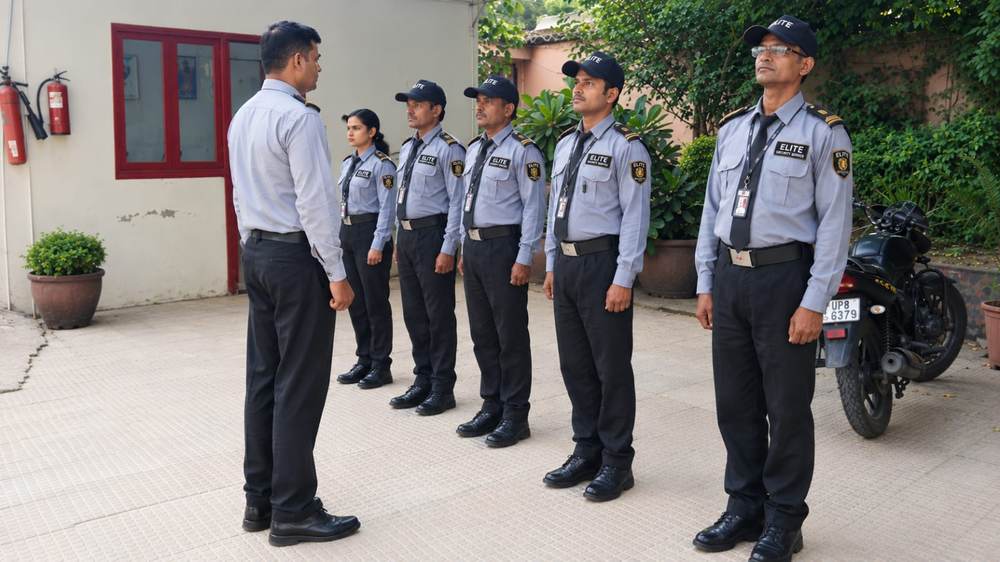 Elite Security Service guards standing in formation during a supervisor briefing