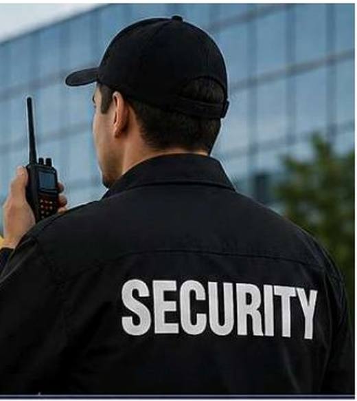 A security guard speaking on a radio in front of a glass office building